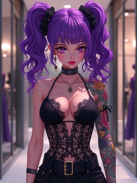 Anime character wearing an edgy lace printed outfit inside a modern boutique. Features amethyst purple hair and jewelry. Muscular and stylish, shopping in Miami.
