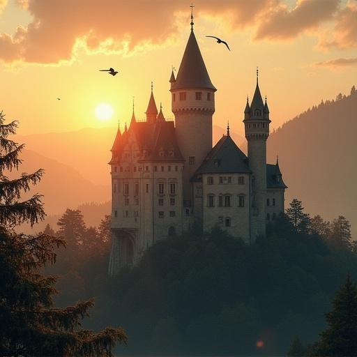 Castle located in Transylvania with sunlight illuminating the scene and birds flying in the sky.