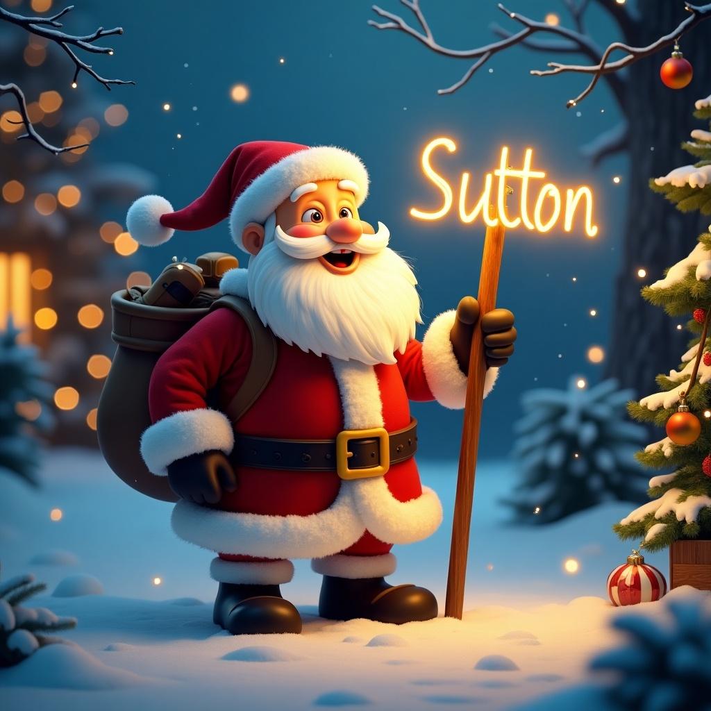 Magical Christmas Santa writes name with glow stick in a snowy setting surrounded by festive decorations.