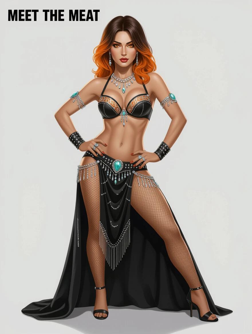 Androgynous pole dancer in show attire poses confidently. The dancer has medium brown hair with orange highlights, adorned with jewelry against a white background. High-quality digital rendering. 