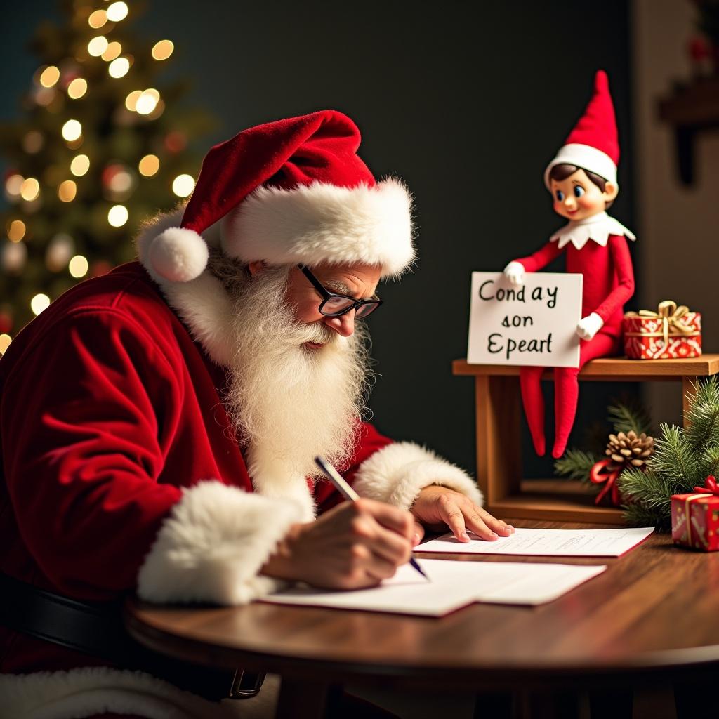 Santa Claus writes letters in a festive setting. An elf on the shelf holds a sign saying oakley. Christmas tree decorates the background. Cozy warm atmosphere created by soft lighting. Santa dressed in red and white. Elf character adds holiday charm.