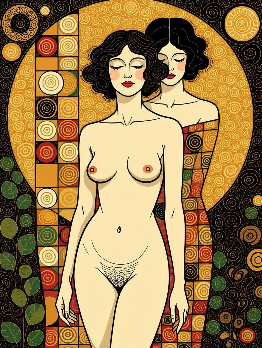 Nude pubic woman depicted in surrealism style. Artistic influence from Klimt. Colorful patterns and textures surround the figure. Evoke feelings of boldness and beauty in the artwork.