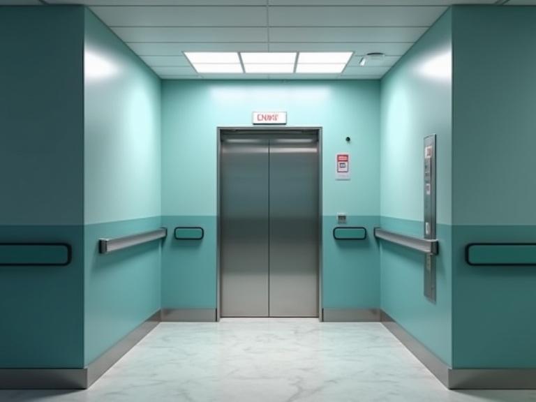 Photo shows a hospital elevator entrance. The walls painted in teal. The elevator is stainless steel. The floor is white marble.