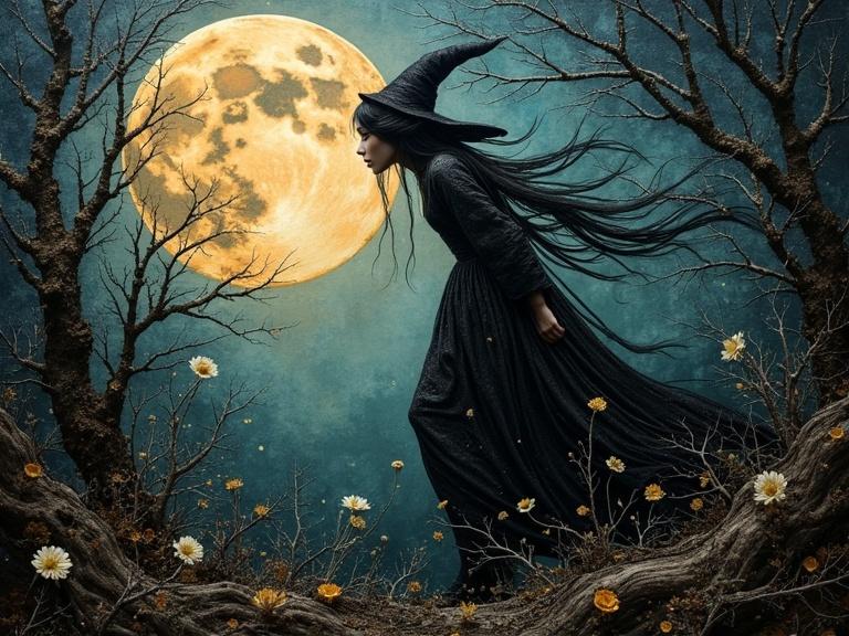 A witch in a flowing black dress walks near a large, glowing moon. The setting includes dark, twisted trees and wildflowers. The ambiance conveys mystery and enchantment.