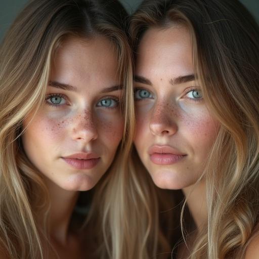 Two girls with very light complexion and long blonde hair. They have freckles and captivating lips. Faces show tired yet satisfied expressions. They gaze intensely at the camera in a full figure shot.