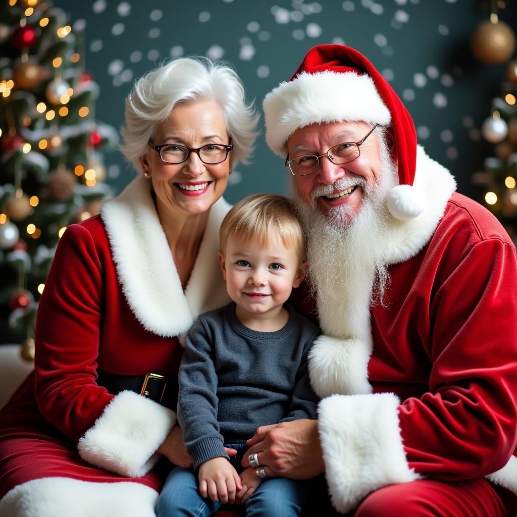 Santa Claus with Mrs. Claus and a small boy in a festive setting with Christmas decorations present.