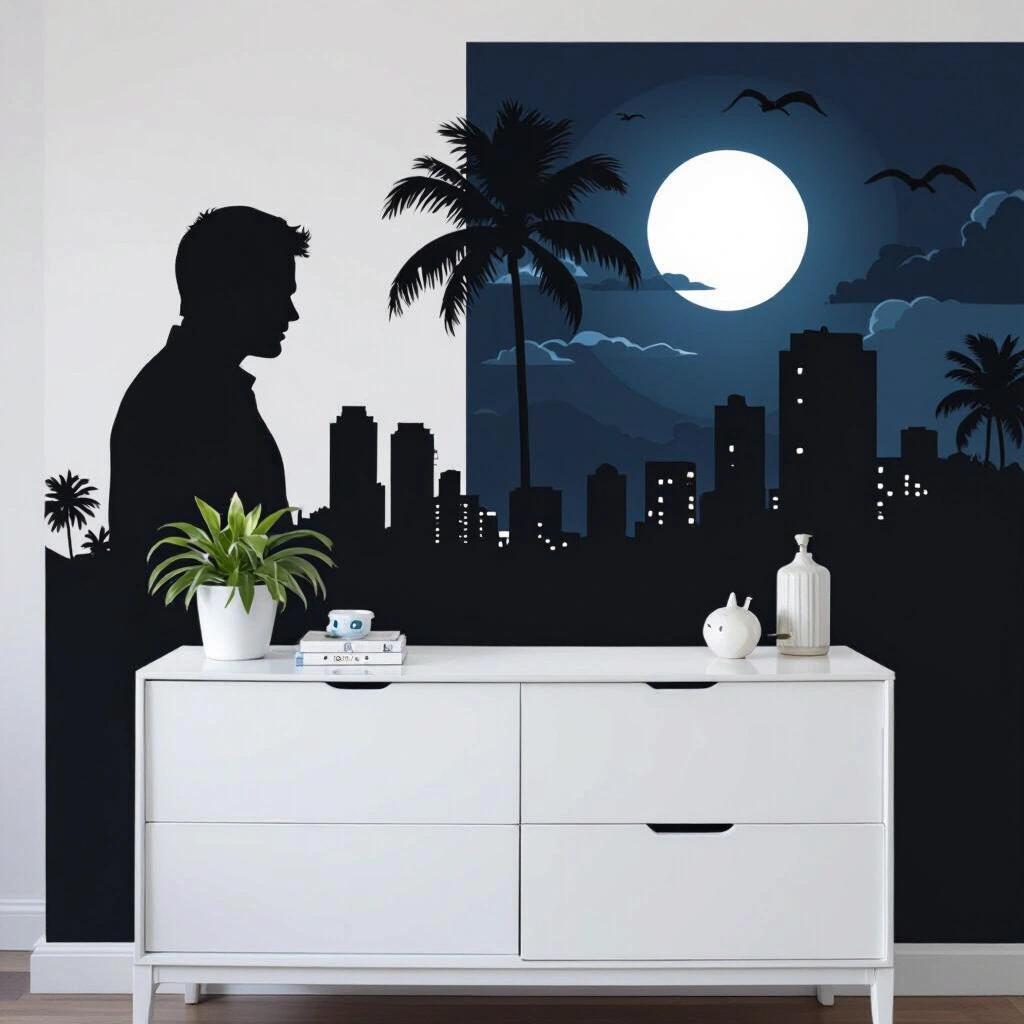 Very dark silhouette themed wallpaper with Miami cityscape at night. Features large moon and palm trees. Urban decor style.