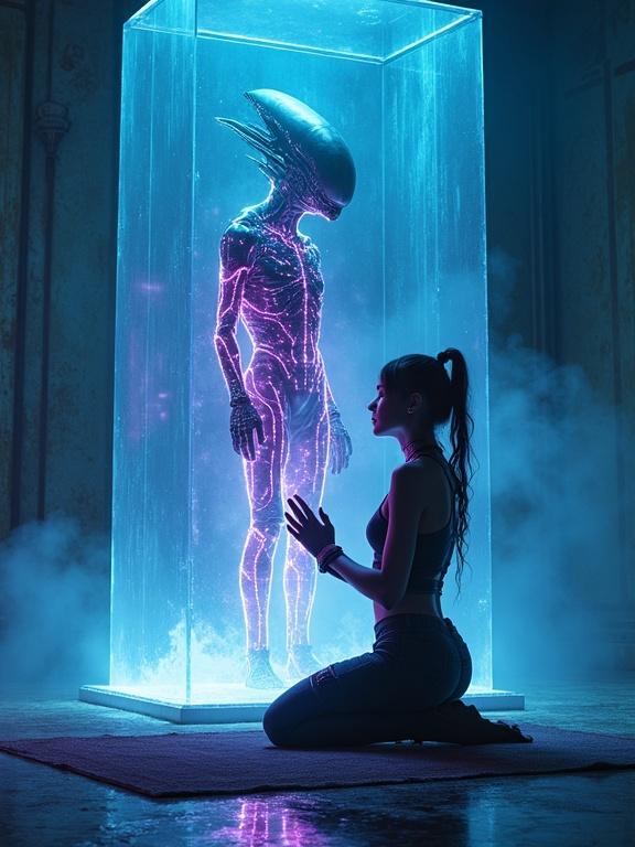 Cyberpunk girl kneeling beside a dormant alien in crystal in an ancient digital temple. Girl praying with glowing circuitry on body. Cool blue and violet lighting with volumetric fog. Holy vibe with sci-fi tech. Overhead angle creates a mystical mood.