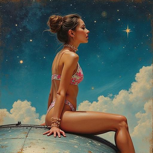 Mixed media impressionist art collage of female form in pastel bikini sitting on spaceship hood looking at stars. Body positive theme with celestial background and vibrant colors. Influences of Monet and Klimt with perfect body representation.