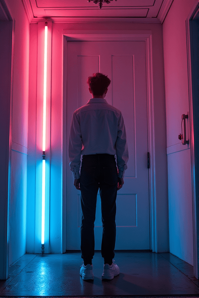 A person stands facing a closed door in a hallway illuminated by blue and pink neon lights.