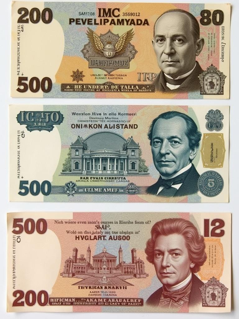 Image shows three different banknotes stacked vertically. The top banknote valued at 200 has intricate designs. The middle banknote valued at 500 has a clear depiction of architecture. The bottom banknote valued at 200 is a colorful illustration. Each banknote features unique colors and artistic elements.