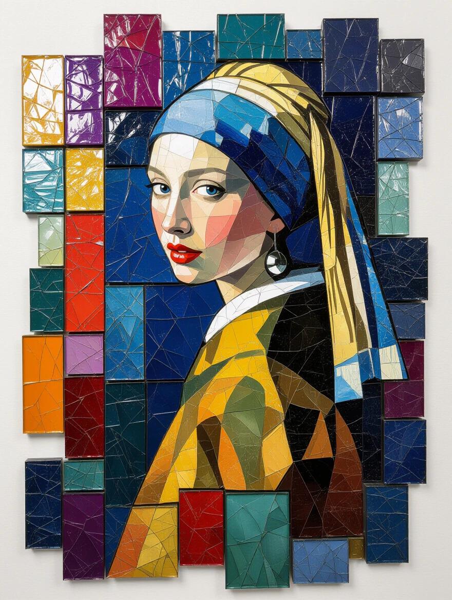 Abstract mosaic made from iridescent ceramic tiles and glass. Merged influences of Vermeer and Matisse create an ethereal composition. Bold colors and intricate patterns adorn the piece.