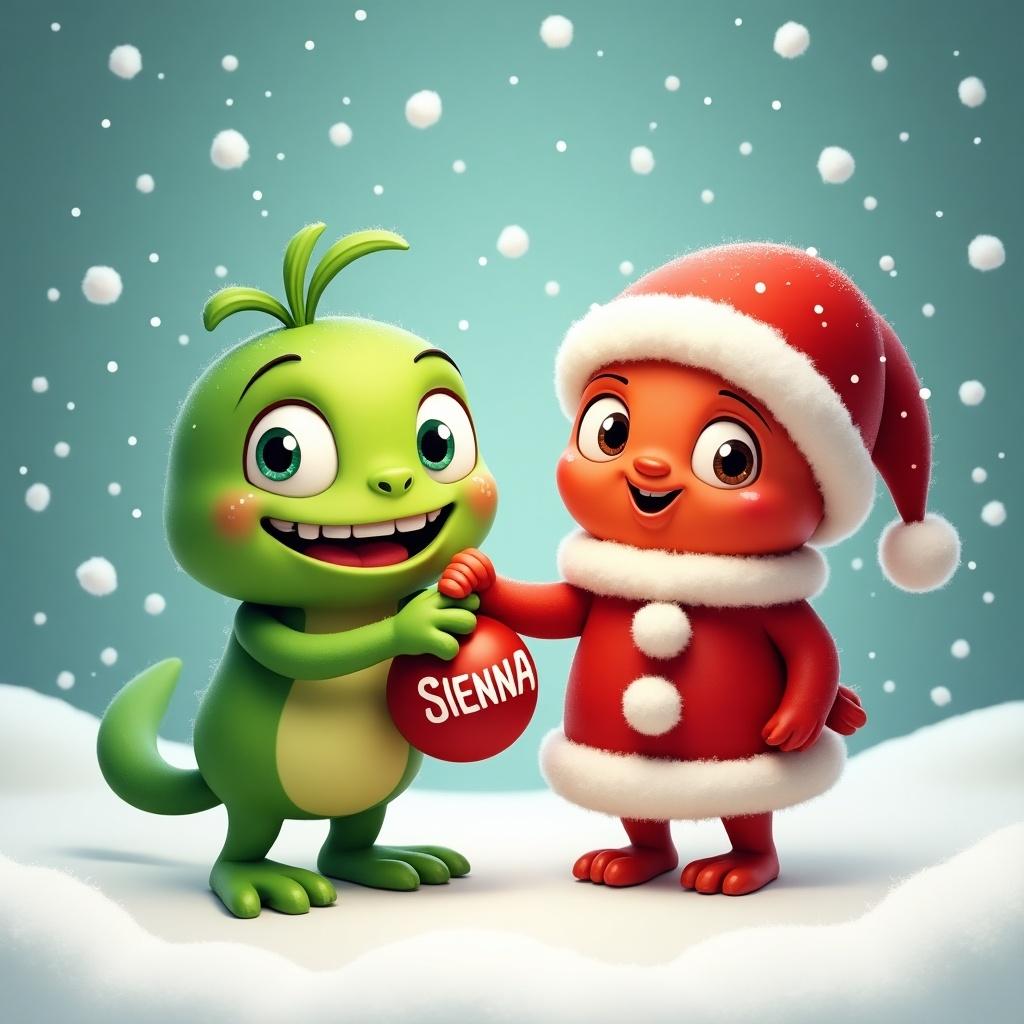 Cartoon characters in a playful holiday setting. A green creature with a mischievous expression and a red character in a Santa outfit. Snowflakes fall around them. Holding a Christmas ornament named Sienna.