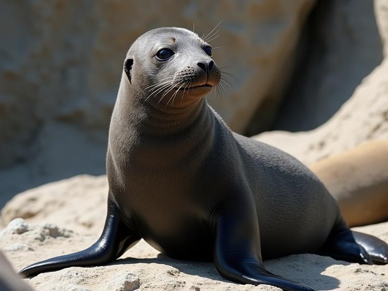 Photo features a seal posed on rocky terrain under natural light. The seal's fur transitions from dark gray to black, with a lighter gray on the face and belly. Its small dark eyes and slightly open mouth depict a slight smile. The rocky background offers a rough texture, with sunlight casting gentle shadows. A second seal is partially visible in the bottom left. This outdoor setting captures the detailed texture of the seal's fur and realistic lighting, presenting a nature-filled scene.