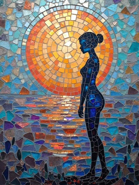 Mosaic artwork featuring an iridescent ceramic and glass design. A nude silhouette stands in front of a large, colorful sun. The artwork combines abstract and ethereal elements.