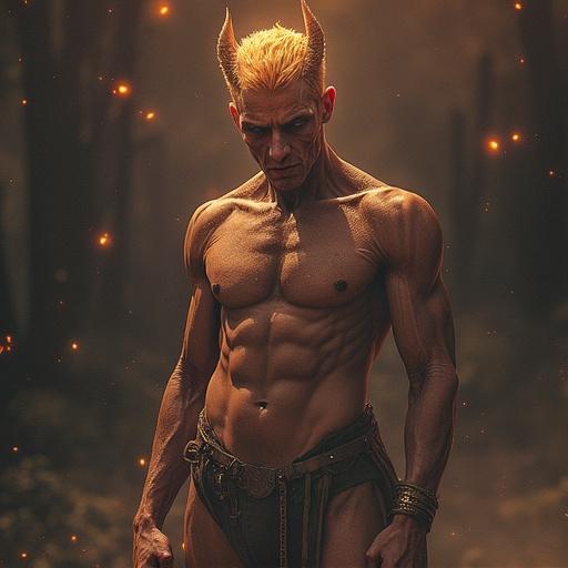 Image depicts a muscular fantasy character with pale skin and horns. The character is in a dark forest setting, conveying a powerful presence. The lighting is dramatic, emphasizing the character's features. The background has a mystical atmosphere with glowing particles.