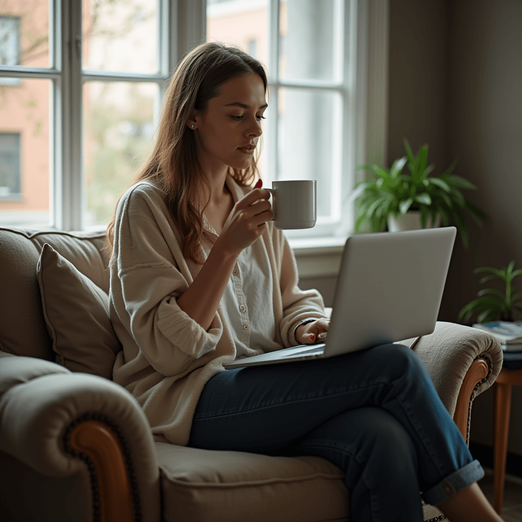 The image depicts a serene and cozy indoor scene where a young woman is seated comfortably on a couch. She is holding a white mug, presumably with coffee or tea, in one hand while using a laptop resting on her lap. The setting suggests a relaxed ambiance, enhanced by the soft, natural light pouring in through a large window in the background. The room is tastefully decorated with neutral tones and includes a dose of greenery from a potted plant nearby. The woman's casual attire, consisting of a light-colored cardigan and jeans, adds to the laid-back atmosphere of a leisurely morning at home or perhaps a work-from-home setting.