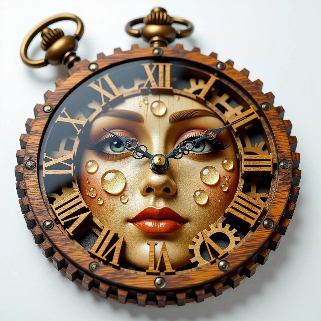 Aged wooden gears and cogs linked together to form a creatively designed pocket watch. The clock features intricate craftsmanship and details. The image has a high resolution, showcasing the wood's texture and the sophisticated design.
