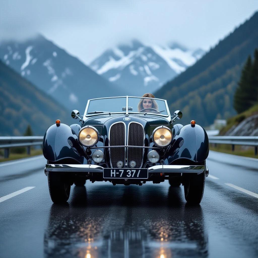 Ultra realistic photograph of a 1937 BMW 328 sports car. Car in frontal low-angle view. Setting on a winding mountain road after rain. Background shows misty peaks. Rain droplets on windshield. Chrome details shine with water. Headlights illuminate mist. Wet asphalt reflects surroundings. Cinematic atmosphere with nostalgic luxury.