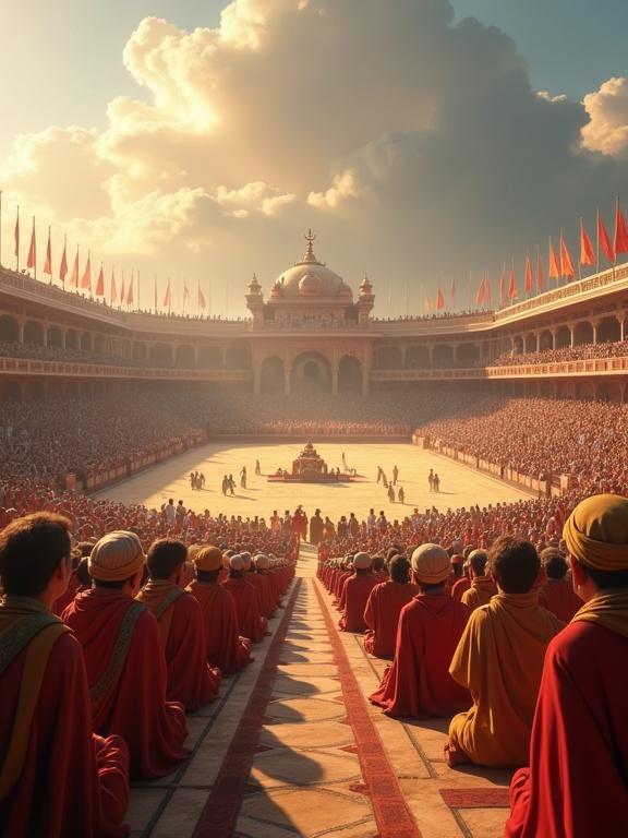 3D animated scene depicting Hastinapura's royal martial arena filled with spectators. Kings, princes, and sages in traditional attire. Flags waving with a dramatic cloudy sky above. A wide-angle view enhancing the spiritual light ambiance.