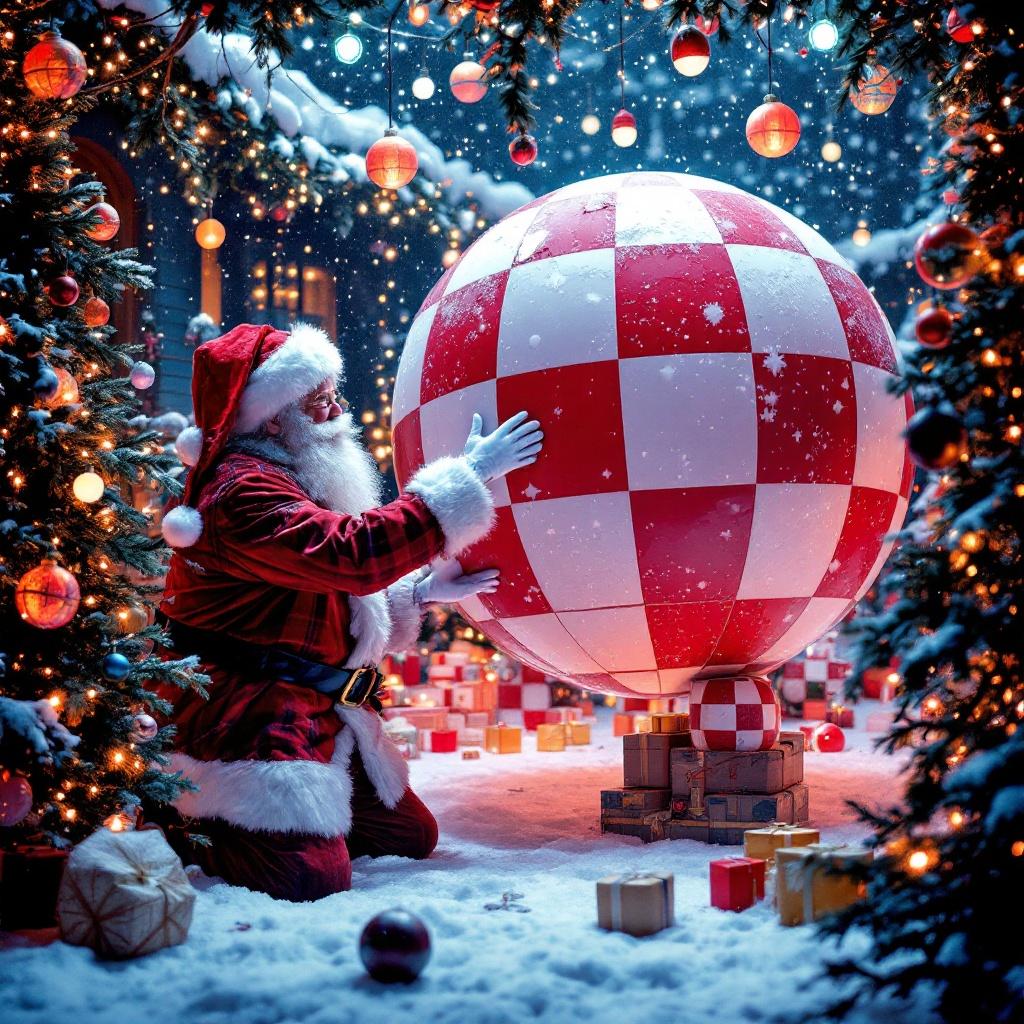 Santa Claus enjoys a playful moment. The giant Amiga Boing Ball is colorful with white and red checkered squares. Festive environment. Twinkling lights and Christmas trees surround him. Family-friendly surprise is symbolized. Humor and joy blend in a whimsical scenario.