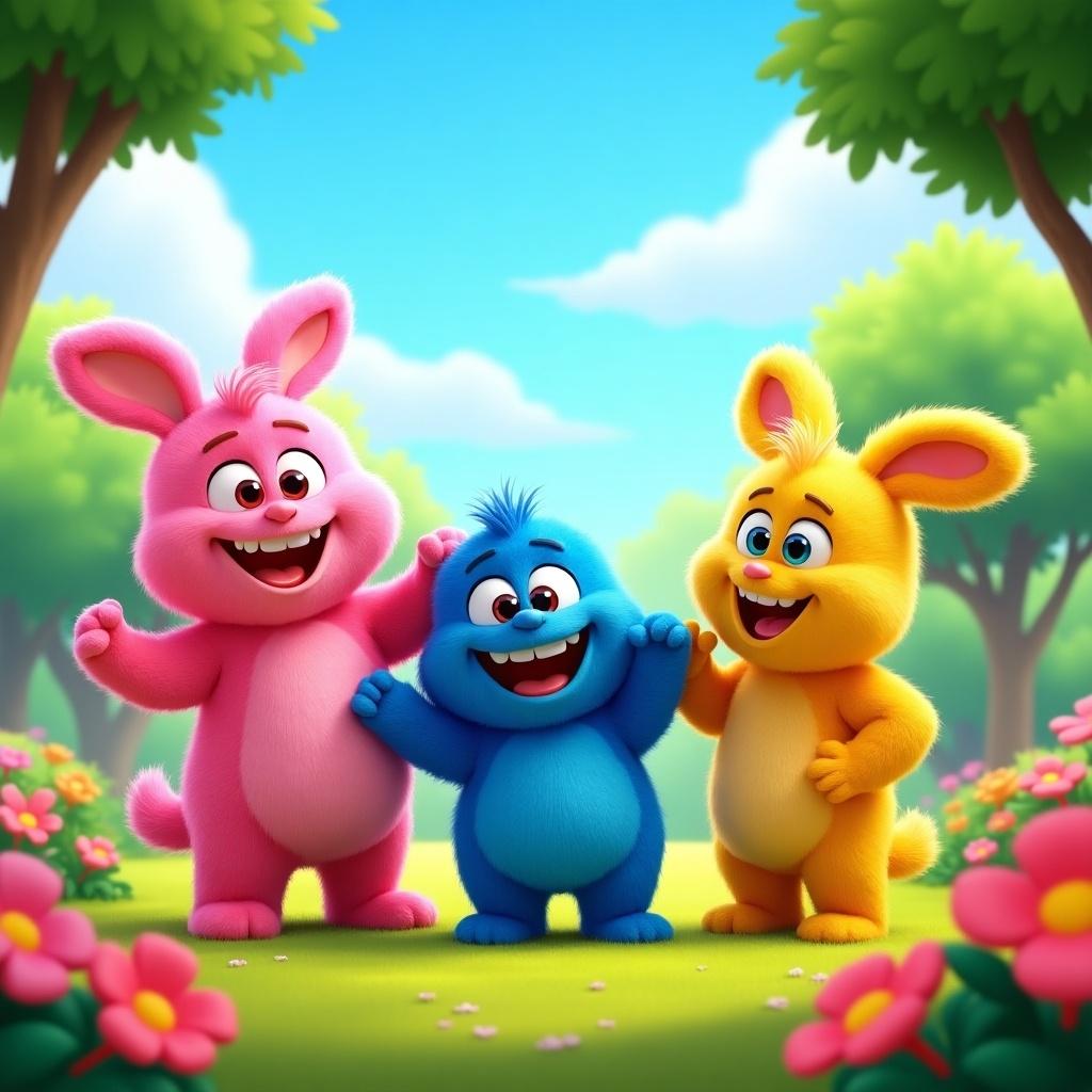 Three vibrant furry characters in a sunny park. One pink character with big eyes and a wide smile. One blue character in the middle with a big grin. The yellow character on the right has long ears. Surrounded by colorful flowers under a bright blue sky with fluffy clouds. Lively and cheerful setting for children.