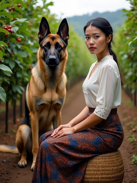 Colonial-era scene in the Dutch East Indies. A light-skinned European woman with tied-back hair sits in her Arabica coffee plantation beside a strong dog. She wears a white kebaya blouse and an Indonesian batik sarong. Woman and dog look at the viewer with a serene gaze and fierce stare. Rows of coffee trees with red cherries surround them.
