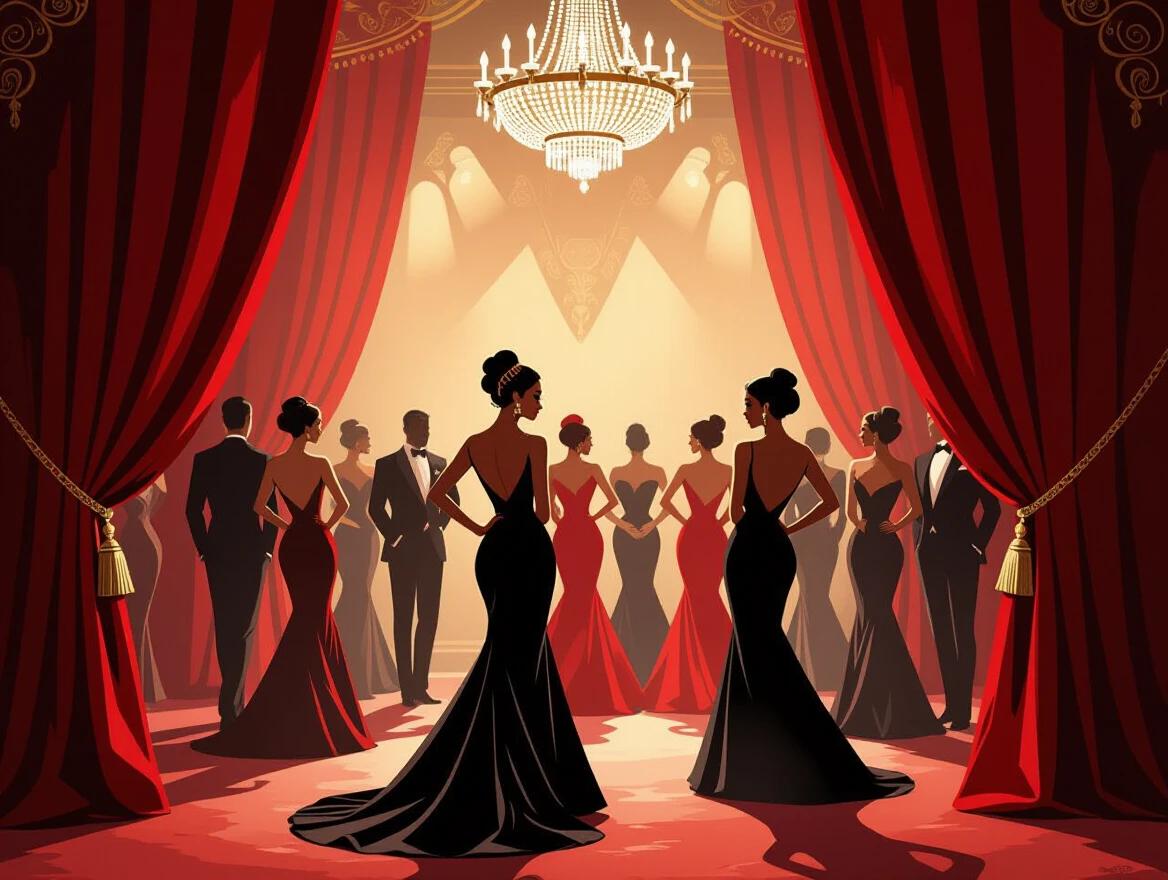 Performers prepare backstage in an intimate setting. The scene features a Lautrec-inspired nightlife color palette dominated by red. The ambiance is dramatic and nostalgic with a spotlight highlighting the subjects framed by curtains. Soft diffused light enhances shadow effects creating expressive contrasts among the performers.