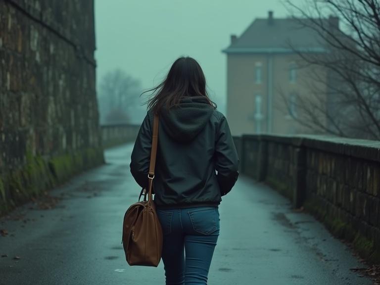 A young woman around 30 years old with brown hair styled loosely under a worn hoodie. She carries a dusty backpack as her only luggage. Her posture is confident with strong legs in fitted jeans, greenish eyes that are bright yet wary. Captured in a high, black, open portal framed by stone pillars covered in frost, no intercom or signage is present. A symbol is engraved in the metal: a circle crossed by a vertical line. She slows down gently, heart racing.