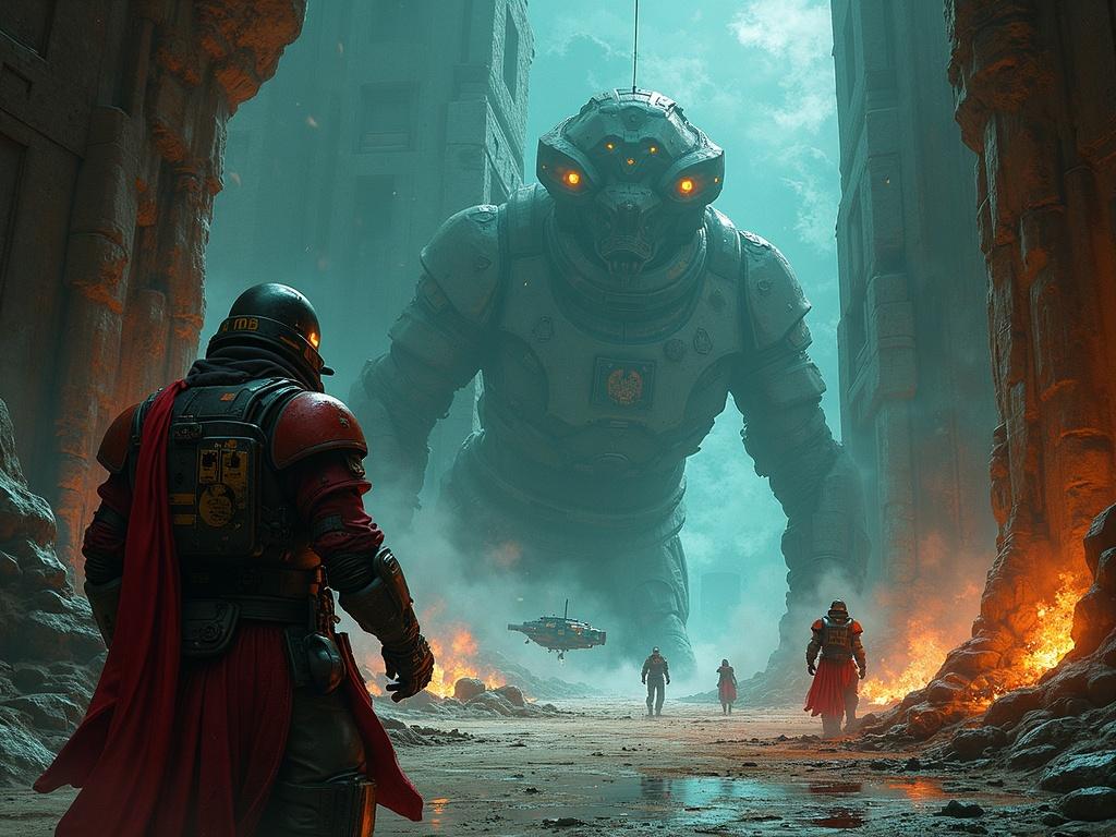 A multi-panel illustration reflecting Warhammer 40,000 aesthetic. The scene features a warrior facing a giant robotic creature among ruins. The environment is chaotic, depicted with intense visual contrasts and dramatic lighting. The backdrop includes smoke and flames, emphasizing the tension of an impending battle. The warrior prepares for a critical mission amidst technological debris and ominous atmospheric elements.