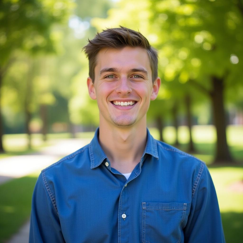 The image features a smiling young man standing outdoors. He has short, styled hair and is wearing a denim shirt. The background shows lush green trees, creating a vibrant, natural setting. The sun is shining brightly, illuminating his face and giving a cheerful vibe. His expression conveys happiness and approachability, making the image inviting and warm.