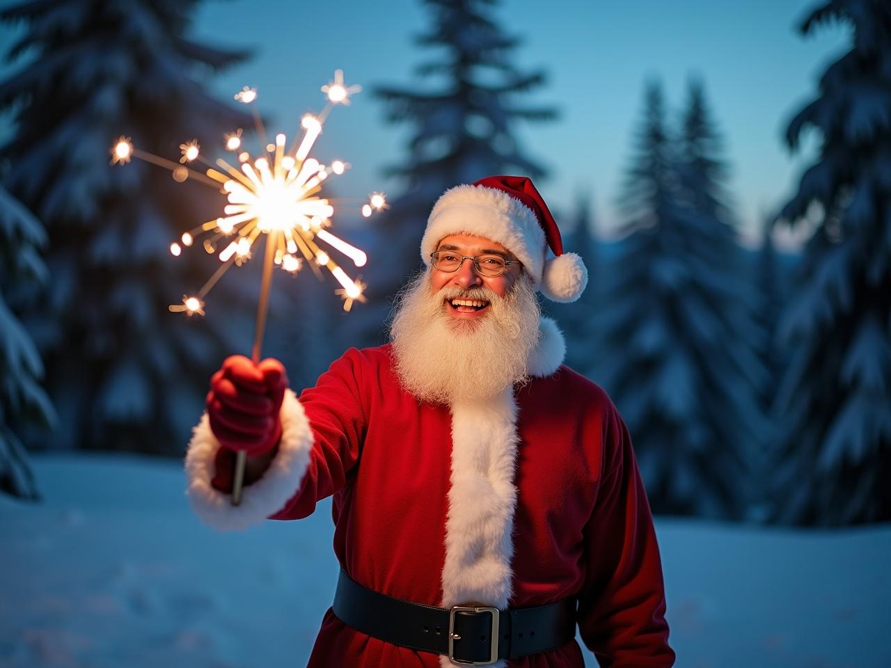 A joyful figure dressed in a traditional Santa Claus costume stands in a snowy landscape. He holds a sparkler that emits bright, sparkling lights. The background features tall pine trees dusted with snow against a twilight sky. The man's beard is long and white, and he has a cheerful smile on his face. He looks festive and happy, embodying the spirit of the holiday season. The scene is filled with a magical winter ambiance.