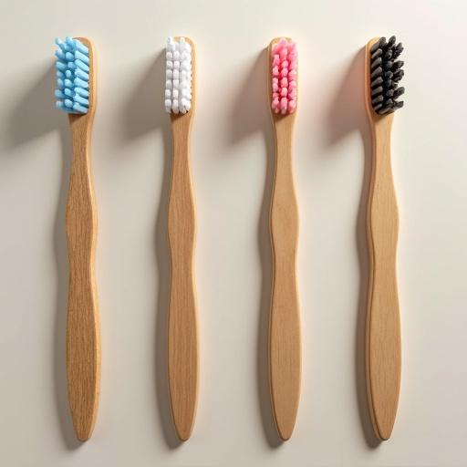 four wooden toothbrushes with colored bristles in a row