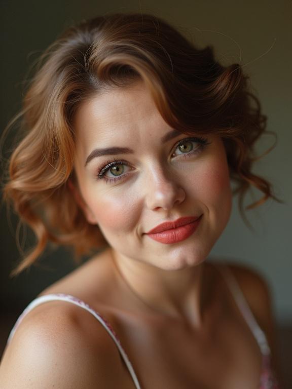 Portrait of a curly-haired woman with warm tones. Chubby features emphasize beauty. She looks directly at the viewer with a soft smile.