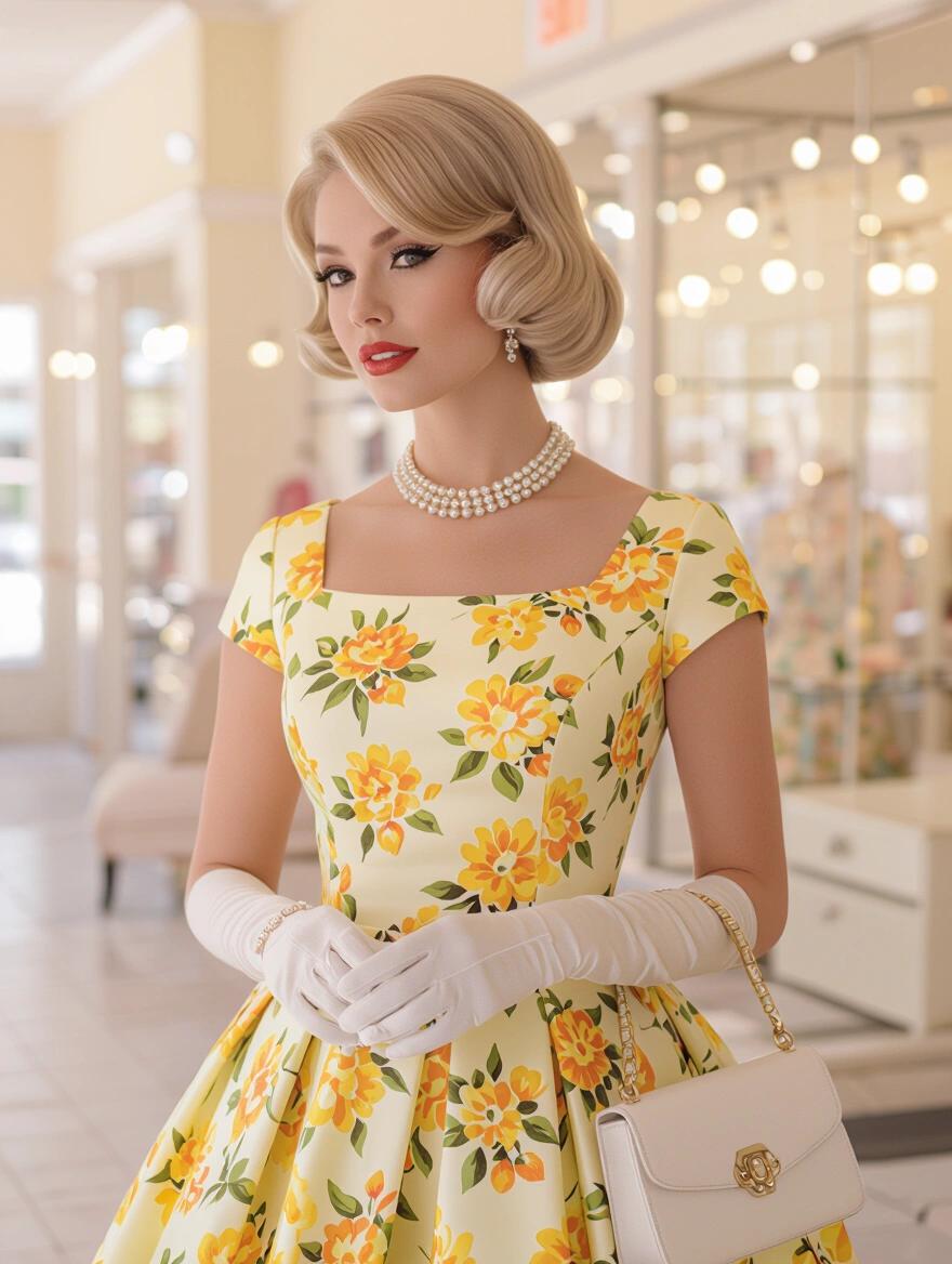Stunning portrait of a 1960s woman in a floral dress. Voluminous platinum blonde hair. Pearl necklace and diamond earrings. Holding a white purse. Flawless makeup with winged eyeliner and red lipstick. High heels and gloves. Boutique shopping setting with elegant decor and soft lighting. Captures mid-century sophistication.