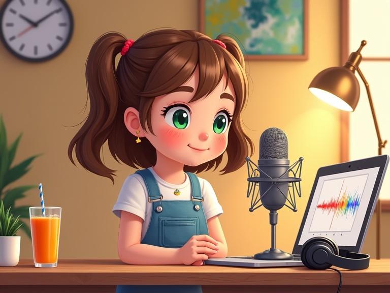 A cartoon-style illustration of a girl aged 10-12 recording a podcast in a cozy studio. She has brown hair in twin pigtails with red hair ties. Wearing a white T-shirt and blue overalls. Features include a microphone, a laptop with audio waveforms, and orange juice. Background is warm and inviting with colorful paintings.