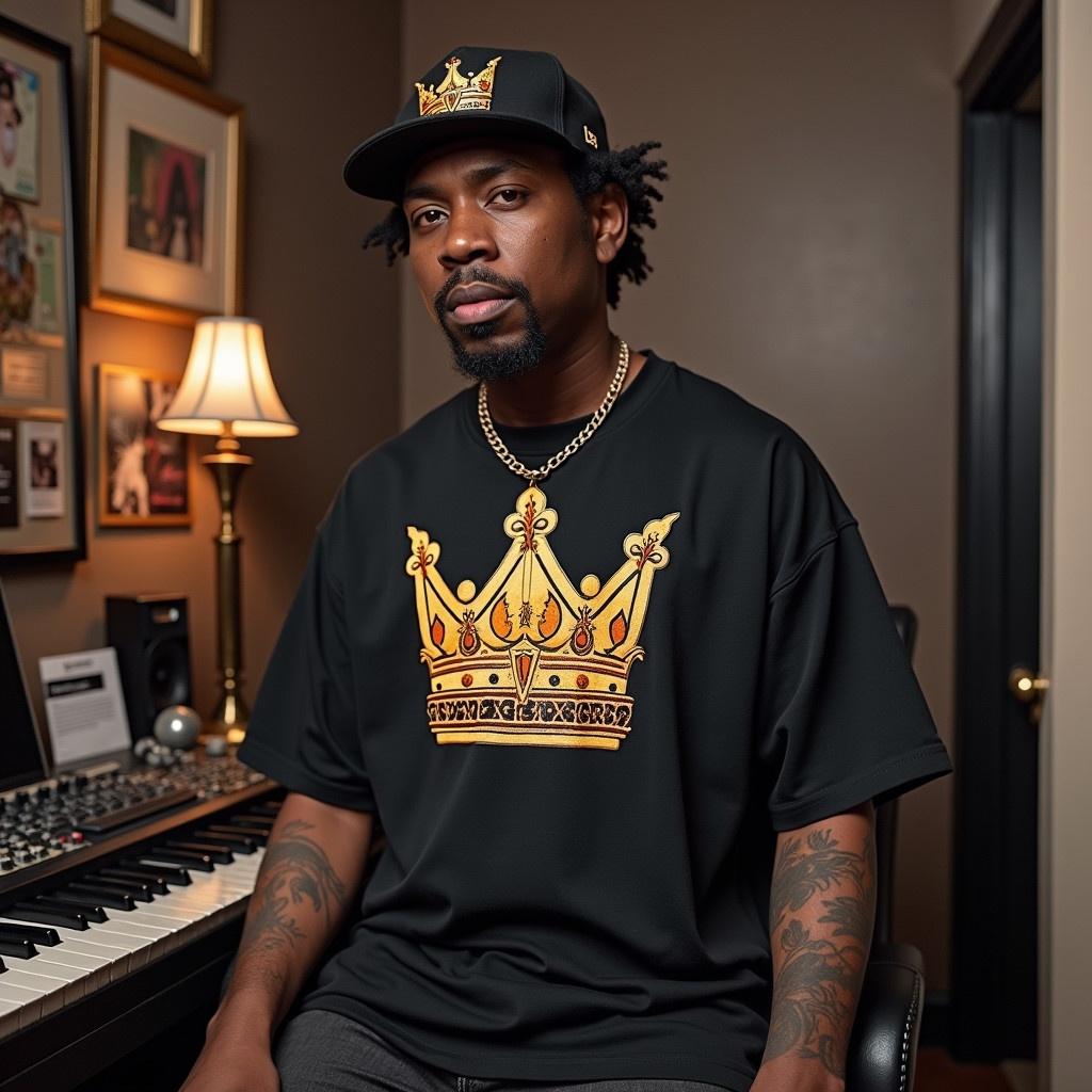 A person is wearing a black T-shirt showcasing a golden crown logo. Background features a well-decorated room with framed photos. Person is sitting in front of a music production setup. The ambiance suggests a creative space dedicated to music.