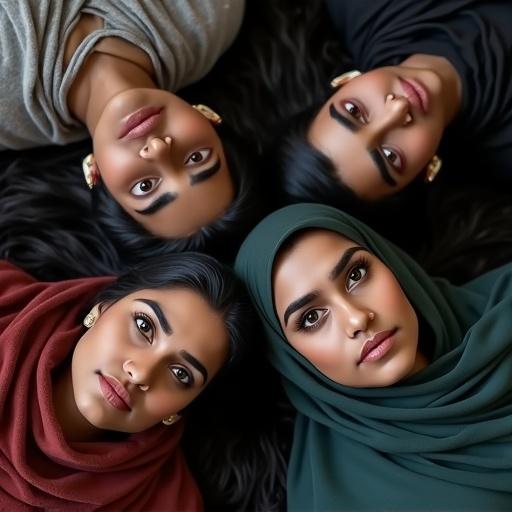 Image of multiple female teachers with dark brown eyes and black hair lying on the floor. Serious expressions on their faces. Eyes wide open. Styled with thick eyebrows. Cultural representation.