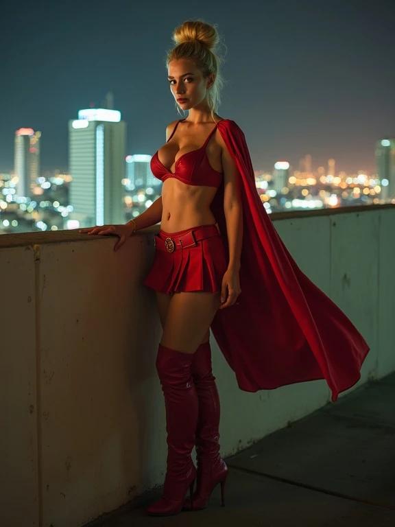 Cinematic full body photo of a blonde model. Wearing a superheroine costume. The outfit is red and features a cape. Model poses confidently. Rooftop city background with bright lights at night. Focus on clothing details like micro skirt and thigh-high boots.