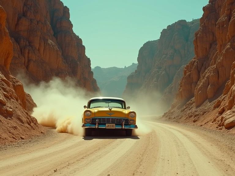Conceptual art resembling a 70s chase movie aesthetic. Winding road through La Huasteca Canyon in Santa Catarina, Nuevo León, leading to Presa Rompepicos. Modified classic car kicks up dust at high speed. Towering limestone walls create a natural tunnel. Small figures rappel on the cliffs, unaware of the danger. Focus on car and speed. Warm dusty palette and wide sky contrast against light rocks. Intense sunlight with dynamic shadows reflects raw energy and tension before an intense chase without direct violence.
