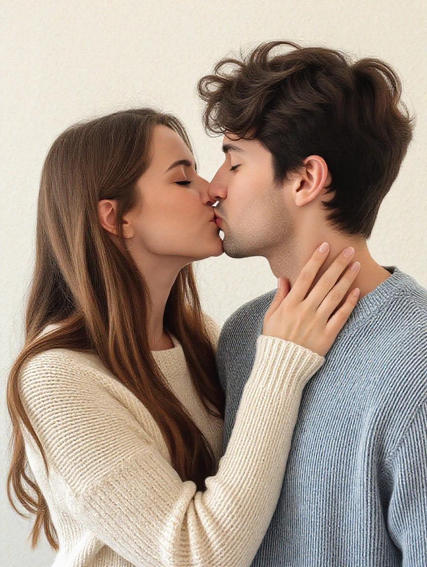 Young couple sharing a romantic kiss. The setting is simple and intimate. They show affection towards each other. The woman is wearing a light sweater while the man is in a grey-blue sweater. The couple has a noticeable height difference. Their kiss is soft and passionate.
