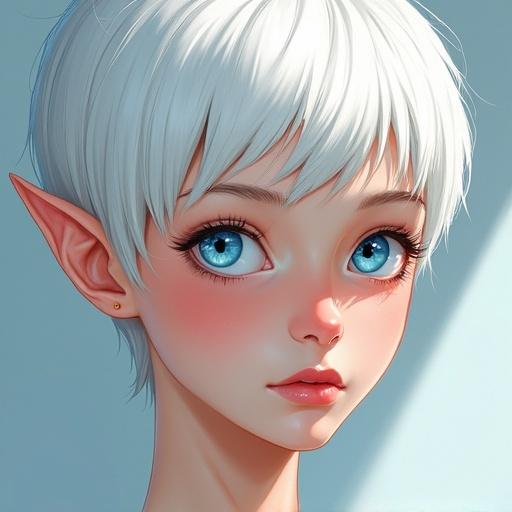 Masterpiece featuring a female elf with short white pixie hair and narrow blue eyes. Depicts a gentle look with soft skin under diffused lighting. Portrait showcases smooth lines and shading with high detail.