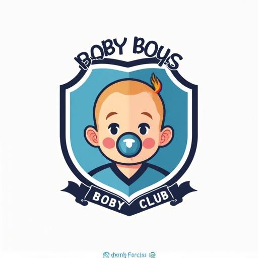 Professional logo design featuring a cartoon baby boy with a pacifier. Styled as a football club emblem similar to European designs. Includes a shield shape and playful elements related to baby boys.