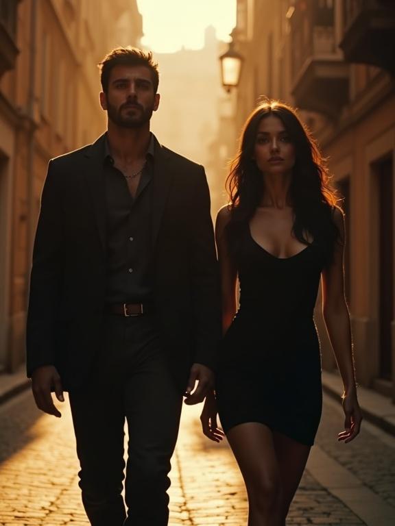 Cinematic split-screen shot of a couple walking through a city street. Dark-haired Italian woman in tight dress. Handsome man in dark clothing. Dramatic lighting and warm tones. Conveys parallel worlds.