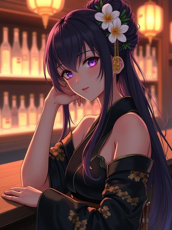 Anime style image of a beautiful woman with dark violet hair in a traditional Japanese bar. She has light violet eyes and wears a luxurious black and gold kimono. The woman leans gently on a bar counter with bottles and glowing lanterns in the background.