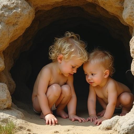 Two children are playing in a cave. Their expressions show curiosity. The cave entrance allows sunlight to enter.