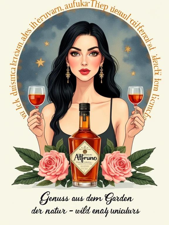 Digital illustration of an elegant female figure with dark hair and fair skin. She holds two glasses filled with amber herbal liqueur. The background has a circular watercolor design in blue and orange hues. A lower apothecary-style bottle with the label 'Alfruno' details is in front of her. Pink roses and green foliage are arranged around the bottle. Text at the bottom states 'Genuss aus dem Garten der Natur - wild und besonders'. The overall composition emphasizes symmetry and luxury.