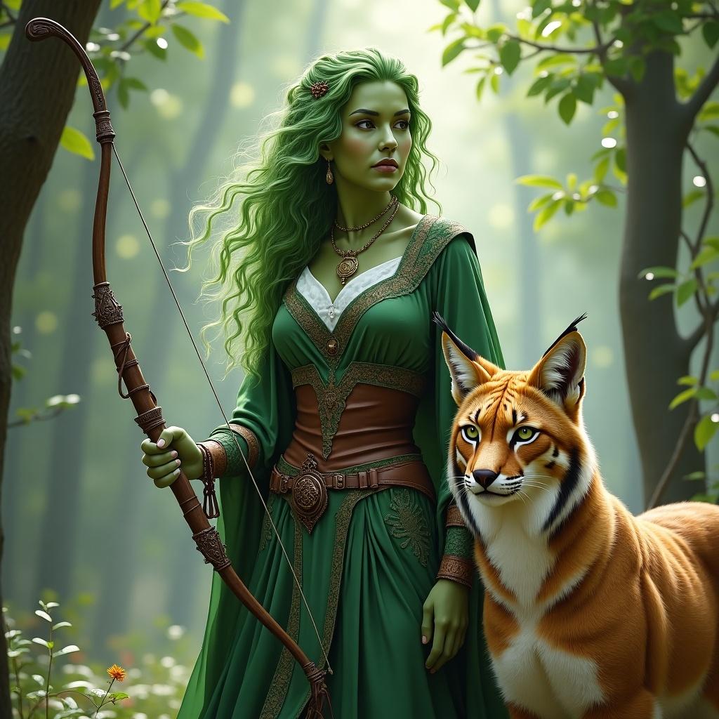 This image depicts a female Circle of Stars Eladrin druid. She has green skin and vibrant green hair, dressed in an 18th-century gown combined with leather armor for protection. In her hand, she confidently holds a bow, a symbol of her hunting prowess. Beside her, a majestic lynx stands, representing her connection to nature and the wild. The background is a lush forest, filled with soft sunlight filtering through the leaves, creating a magical and serene atmosphere.