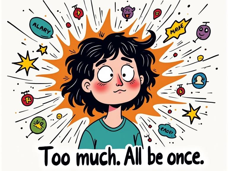 A female character with a slightly overwhelmed expression surrounded by chaotic colors and shapes. Hair floats upward, eyes wide open. Visual elements like alarms and thought bubbles swirl around. Text at the bottom reads 'Too much. All at once.'