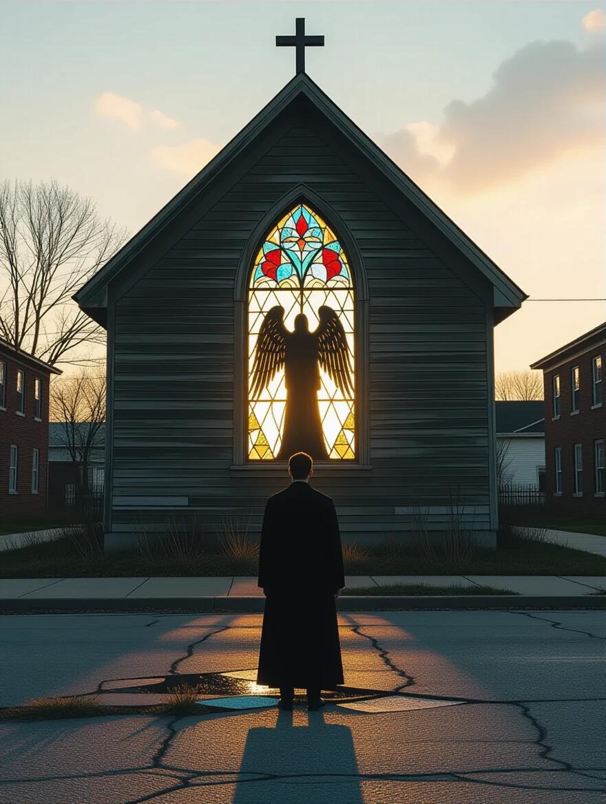 A figure stands alone in front of an abandoned church. The church has a broken stained glass window with an angel silhouette. The street is empty with cracked pavement and weeds. The cross on the church roof is tilted. The lighting is soft and warm during the golden hour. The scene conveys deep emotion and powerful symbolism.